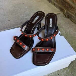 Nickels Dark Brown Leather Heeled Sandals with Orange Studs.